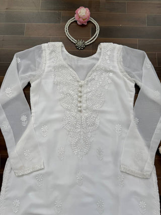 White Elegant Faux Georgette Thread Work Kurti ClothsVilla
