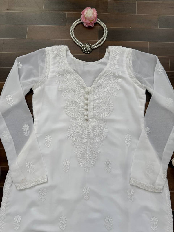 White Elegant Faux Georgette Thread Work Kurti ClothsVilla