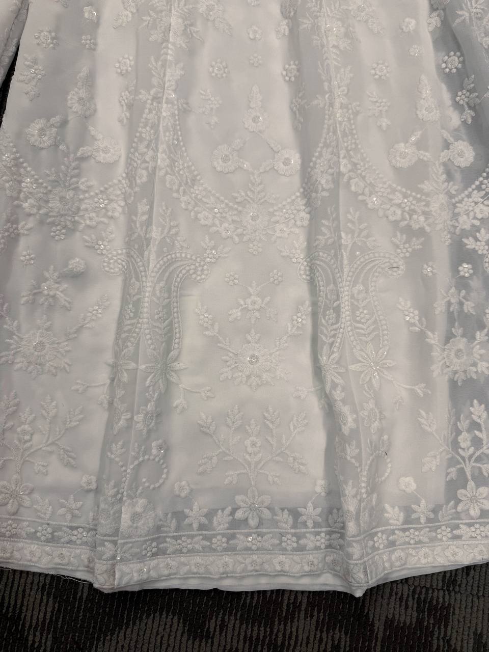 White Elegant Faux Georgette Thread Work Top-Plazo-Dupatta Set for Women ClothsVilla