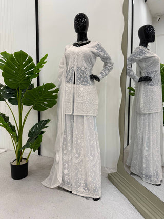 White Elegant Faux Georgette Thread Work Top-Plazo-Dupatta Set for Women ClothsVilla