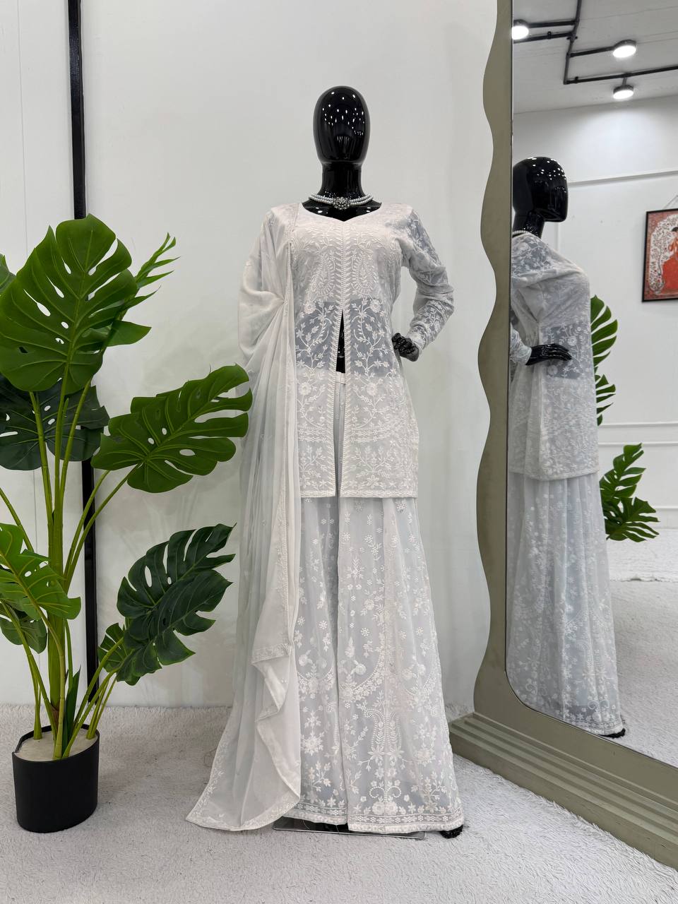 White Elegant Faux Georgette Thread Work Top-Plazo-Dupatta Set for Women ClothsVilla