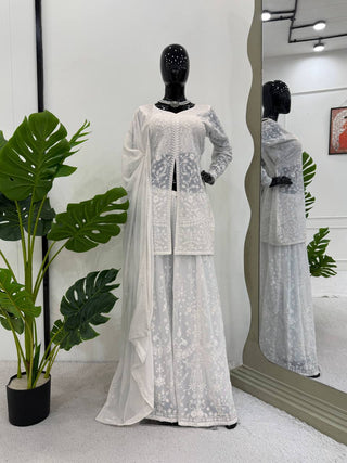 White Elegant Faux Georgette Thread Work Top-Plazo-Dupatta Set for Women ClothsVilla