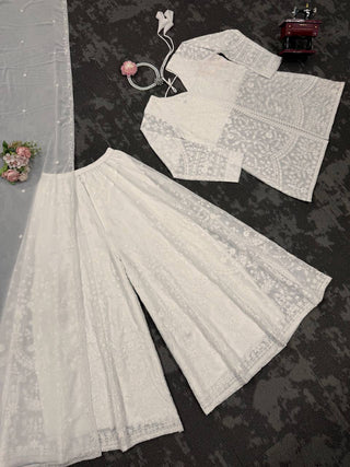 White Elegant Faux Georgette Thread Work Top-Plazo-Dupatta Set for Women ClothsVilla