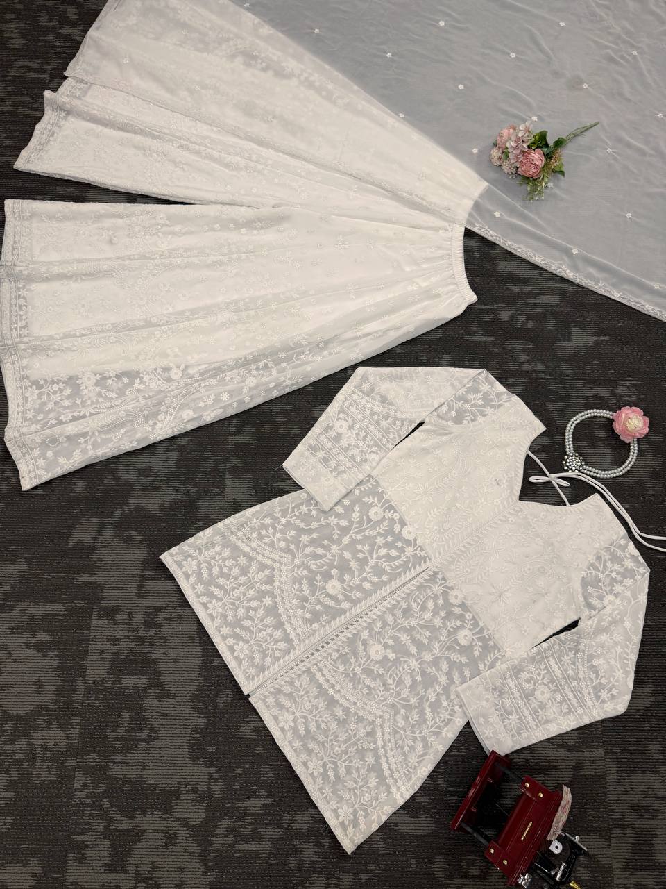 White Elegant Faux Georgette Thread Work Top-Plazo-Dupatta Set for Women ClothsVilla