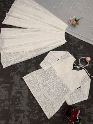 White Elegant Faux Georgette Thread Work Top-Plazo-Dupatta Set for Women ClothsVilla