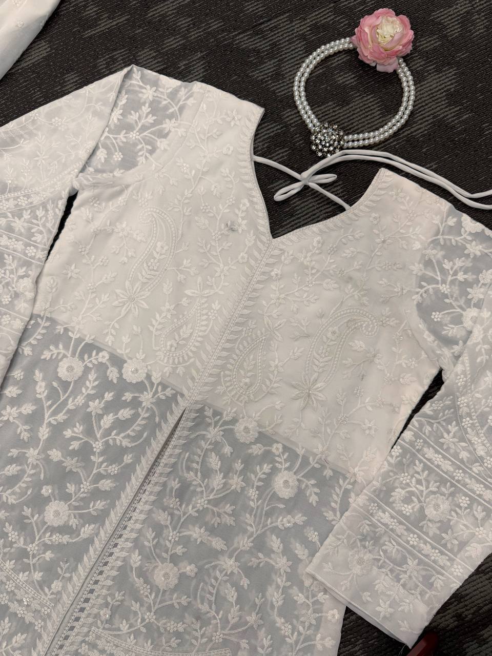 White Elegant Faux Georgette Thread Work Top-Plazo-Dupatta Set for Women ClothsVilla