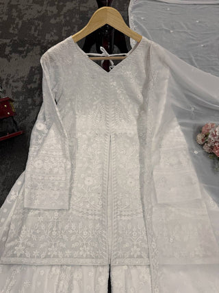 White Elegant Faux Georgette Thread Work Top-Plazo-Dupatta Set for Women ClothsVilla