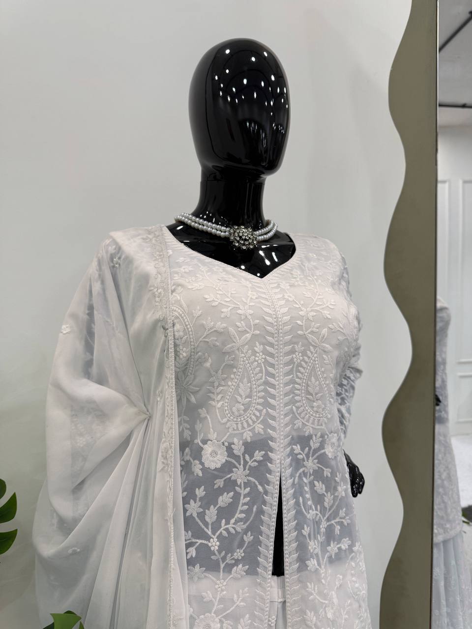 White Elegant Faux Georgette Thread Work Top-Plazo-Dupatta Set for Women ClothsVilla