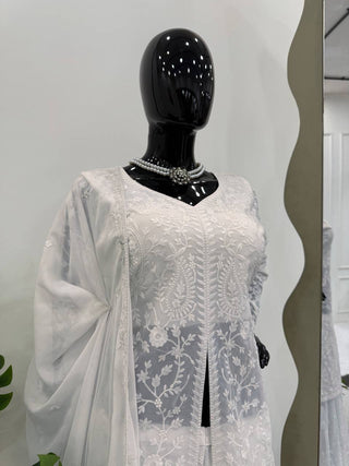 White Elegant Faux Georgette Thread Work Top-Plazo-Dupatta Set for Women ClothsVilla