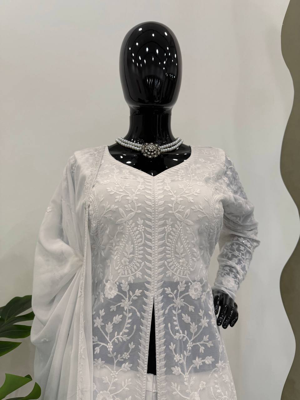 White Elegant Faux Georgette Thread Work Top-Plazo-Dupatta Set for Women ClothsVilla