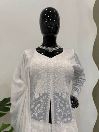 White Elegant Faux Georgette Thread Work Top-Plazo-Dupatta Set for Women ClothsVilla