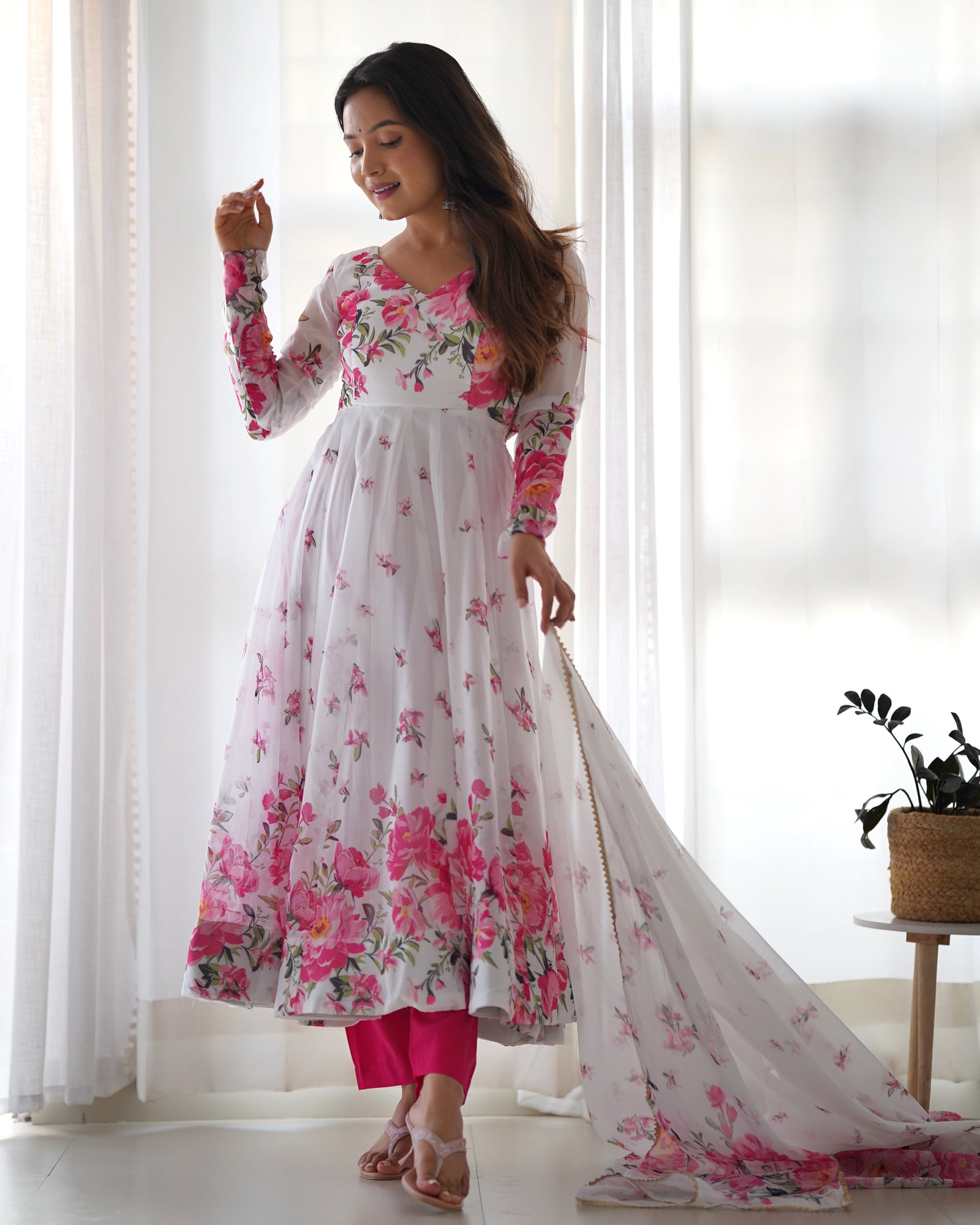 White Elegant Festive Anarkali Set – Pure Soft Organza Silk with Dupatta