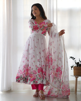 White Elegant Festive Anarkali Set – Pure Soft Organza Silk with Dupatta