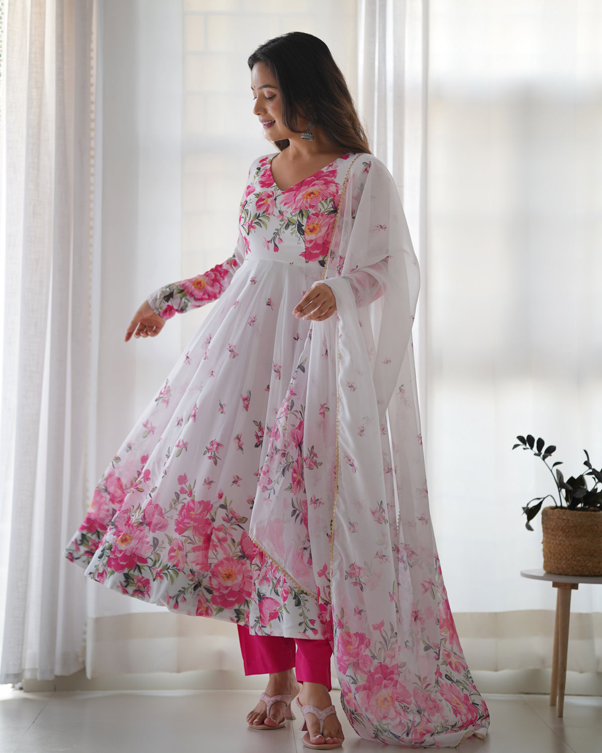 White Elegant Festive Anarkali Set – Pure Soft Organza Silk with Dupatta