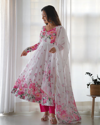 White Elegant Festive Anarkali Set – Pure Soft Organza Silk with Dupatta