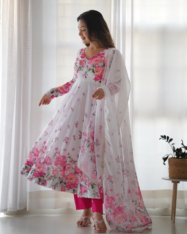 White Elegant Festive Anarkali Set – Pure Soft Organza Silk with Dupatta