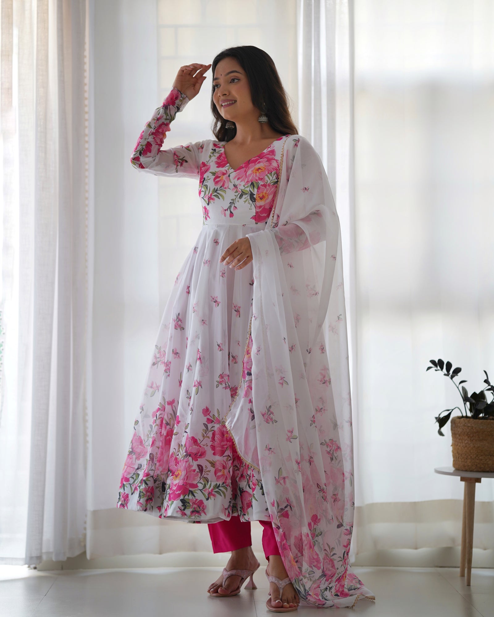 White Elegant Festive Anarkali Set – Pure Soft Organza Silk with Dupatta