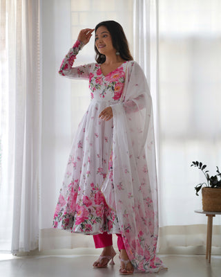 White Elegant Festive Anarkali Set – Pure Soft Organza Silk with Dupatta