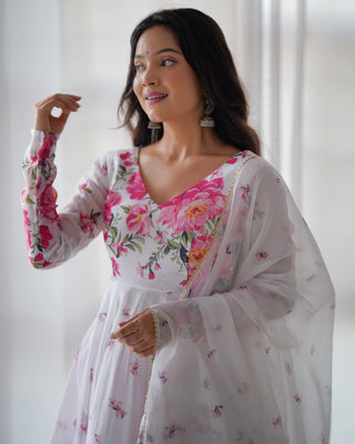 White Elegant Festive Anarkali Set – Pure Soft Organza Silk with Dupatta