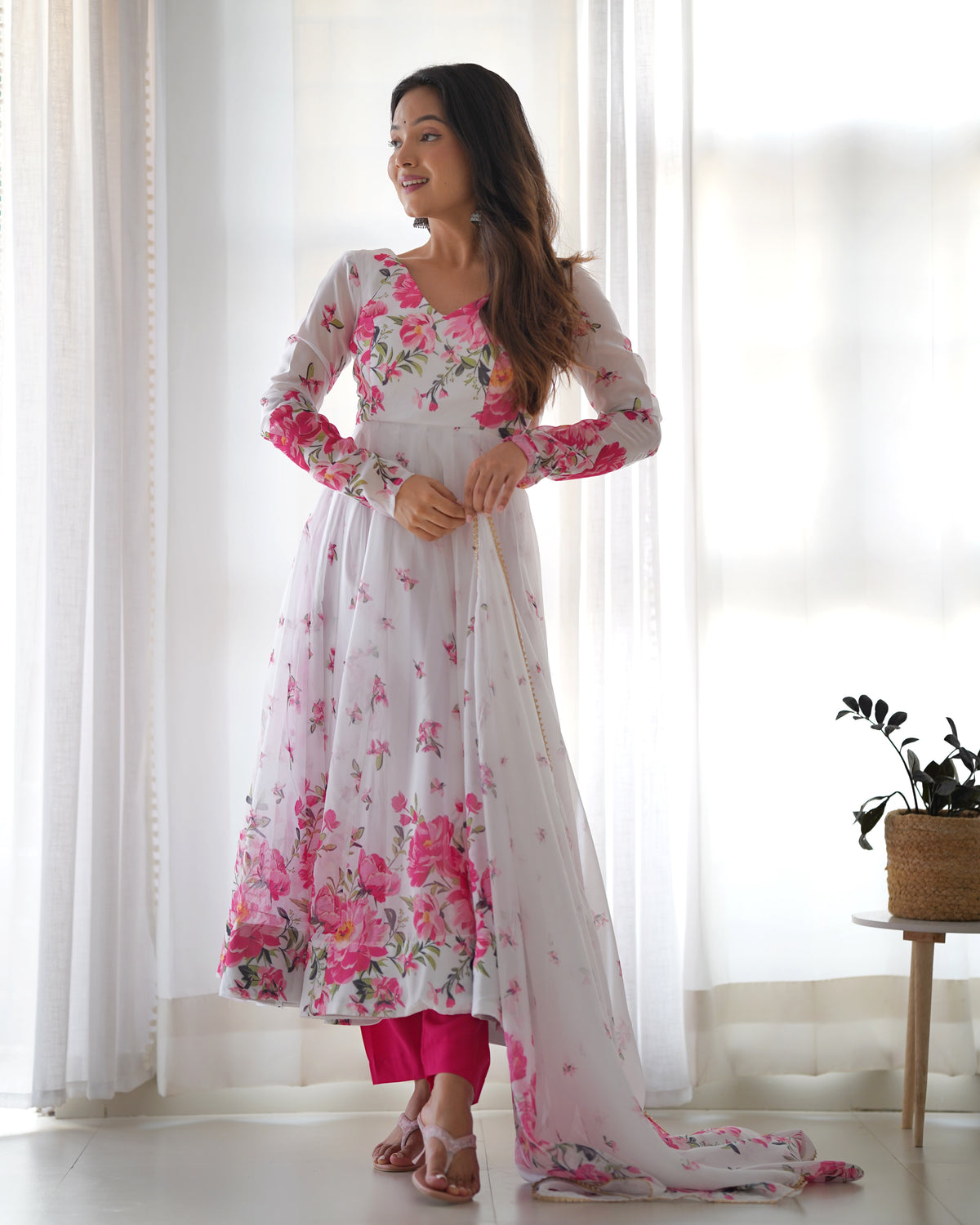 White Elegant Festive Anarkali Set – Pure Soft Organza Silk with Dupatta