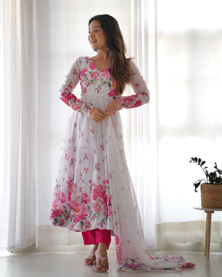 White Elegant Festive Anarkali Set – Pure Soft Organza Silk with Dupatta