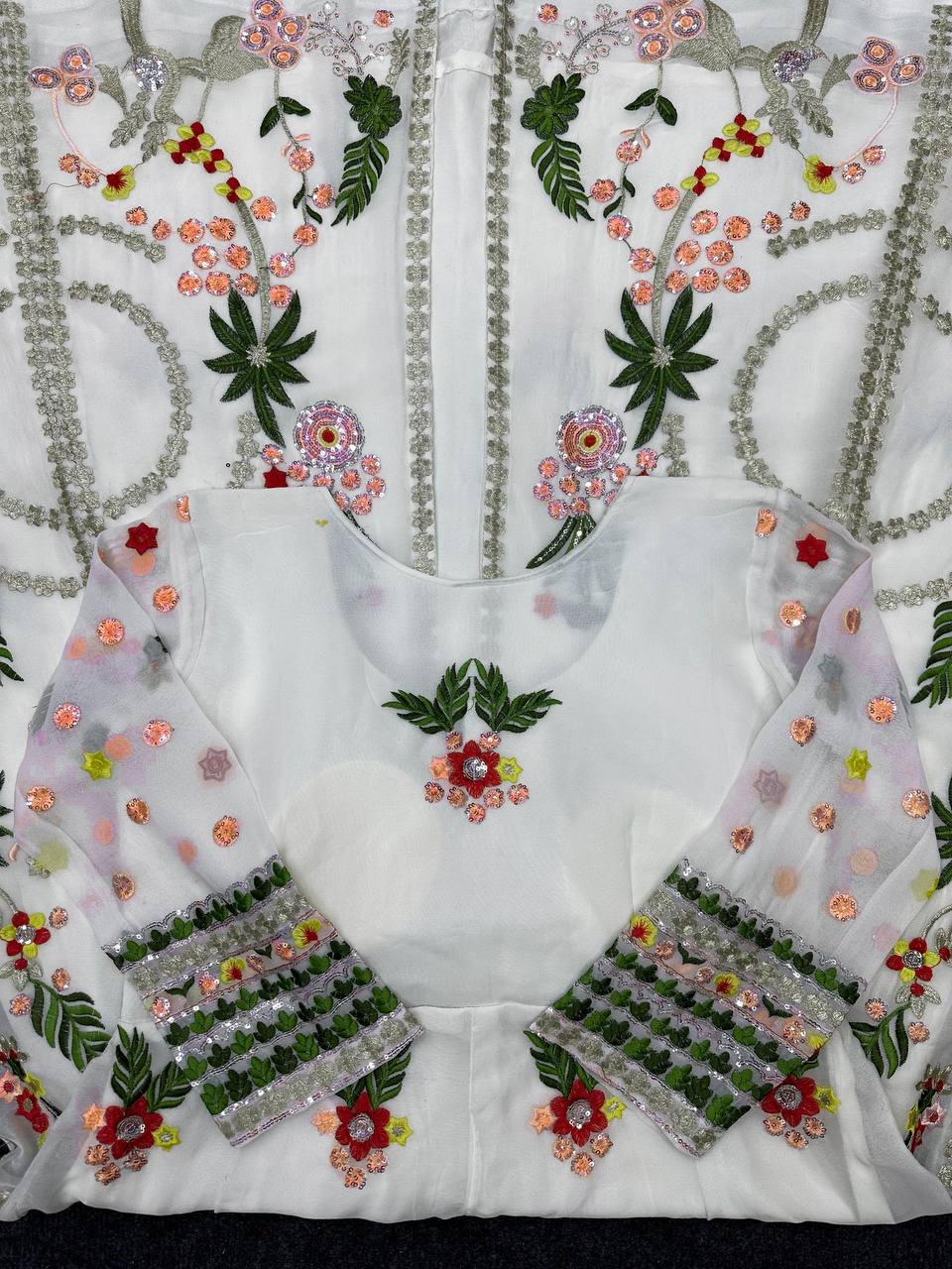 White Elegant Fox Georgette Lehenga Set with Full-Stitched Top & Lace Border Dupatta ClothsVilla