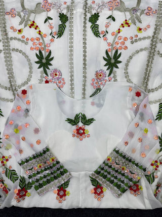 White Elegant Fox Georgette Lehenga Set with Full-Stitched Top & Lace Border Dupatta ClothsVilla