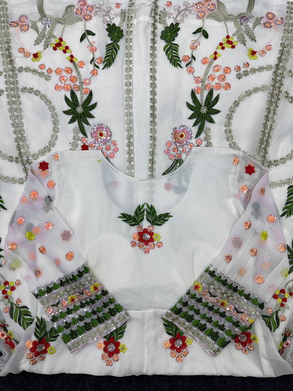 White Elegant Fox Georgette Lehenga Set with Full-Stitched Top & Lace Border Dupatta ClothsVilla