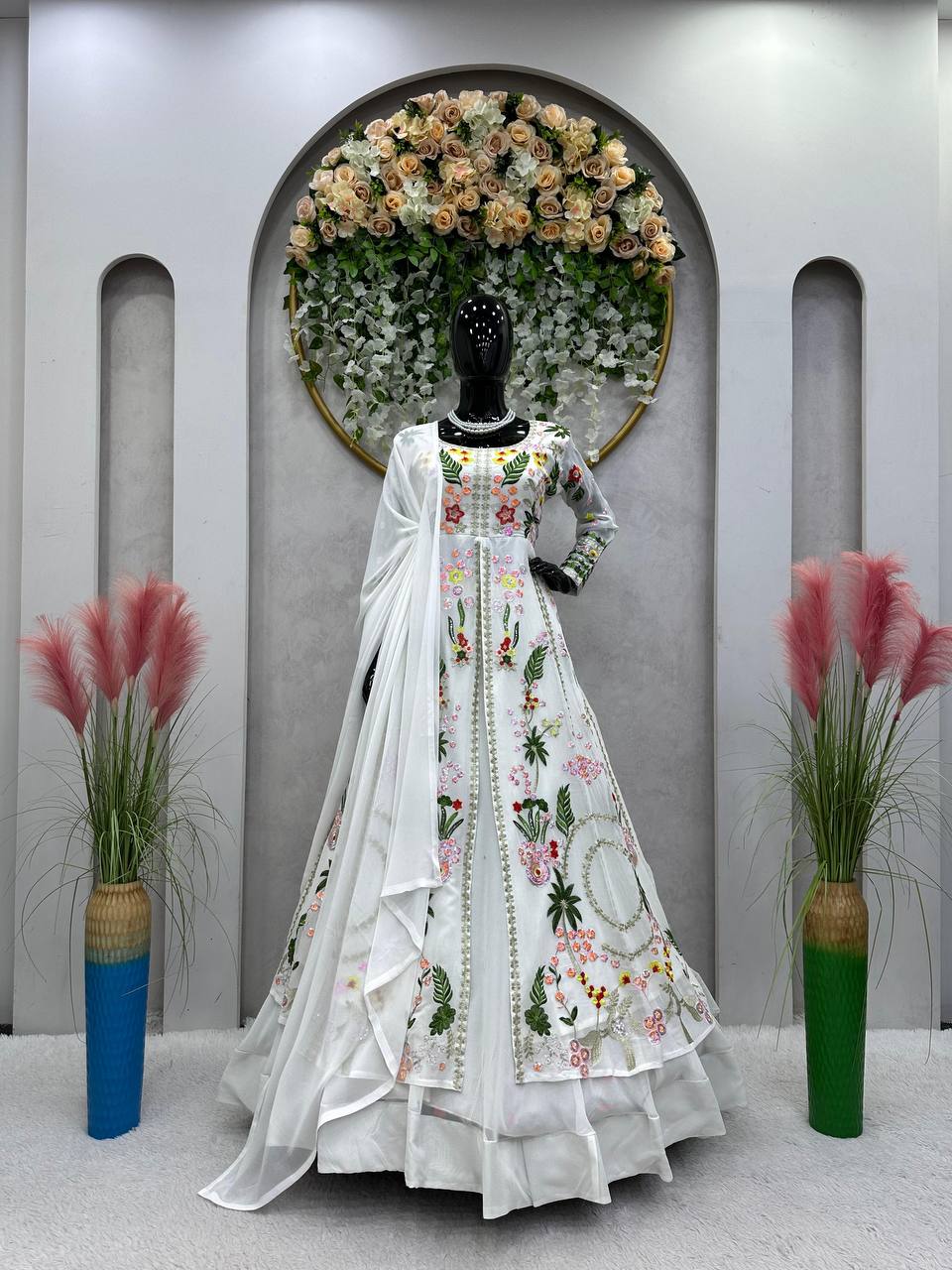 White Elegant Fox Georgette Lehenga Set with Full-Stitched Top & Lace Border Dupatta ClothsVilla Main image