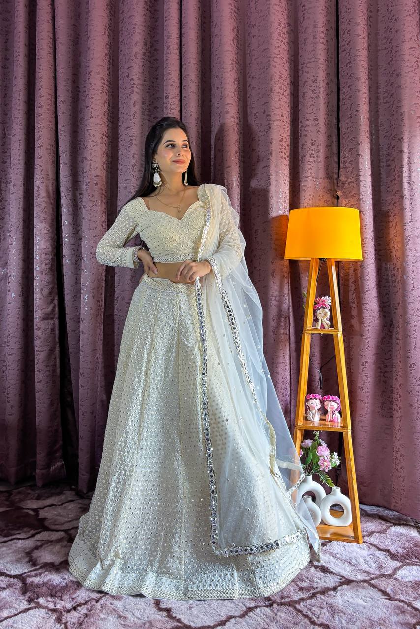 White Elegant Georgette Sequin & Thread Work Lehenga Set with Net Dupatta ClothsVilla Main image