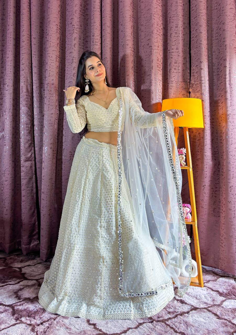 White Elegant Georgette Sequin & Thread Work Lehenga Set with Net Dupatta Secondary image