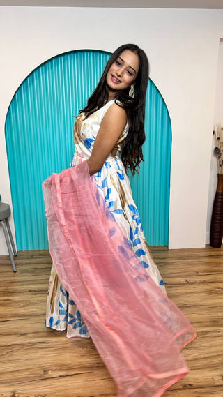White Elegant Heavy Dola Silk Digital Print Gown with Organza Dupatta ClothsVilla