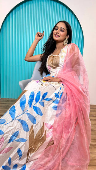 White Elegant Heavy Dola Silk Digital Print Gown with Organza Dupatta ClothsVilla