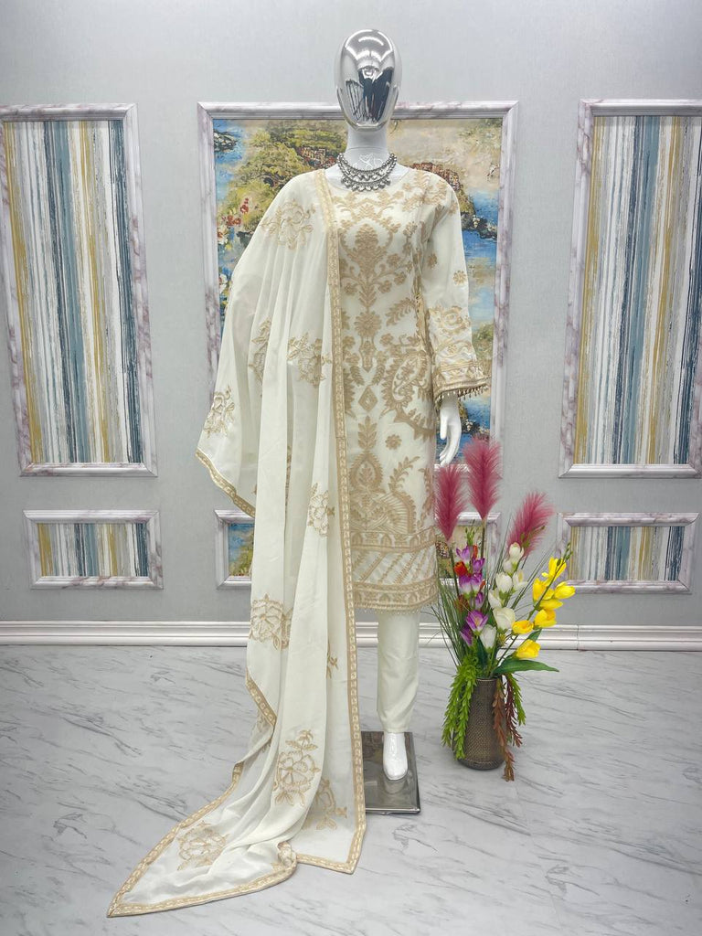 White Elegant Heavy Faux Georgette Embroidered Suit Set ClothsVilla