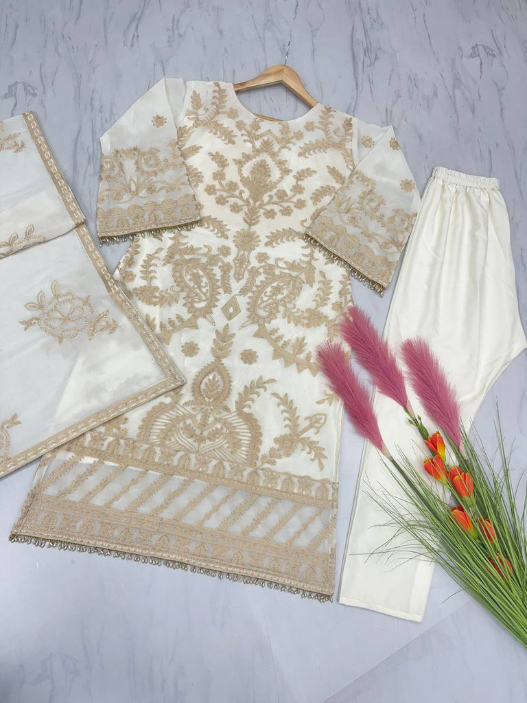 White Elegant Heavy Faux Georgette Embroidered Suit Set ClothsVilla