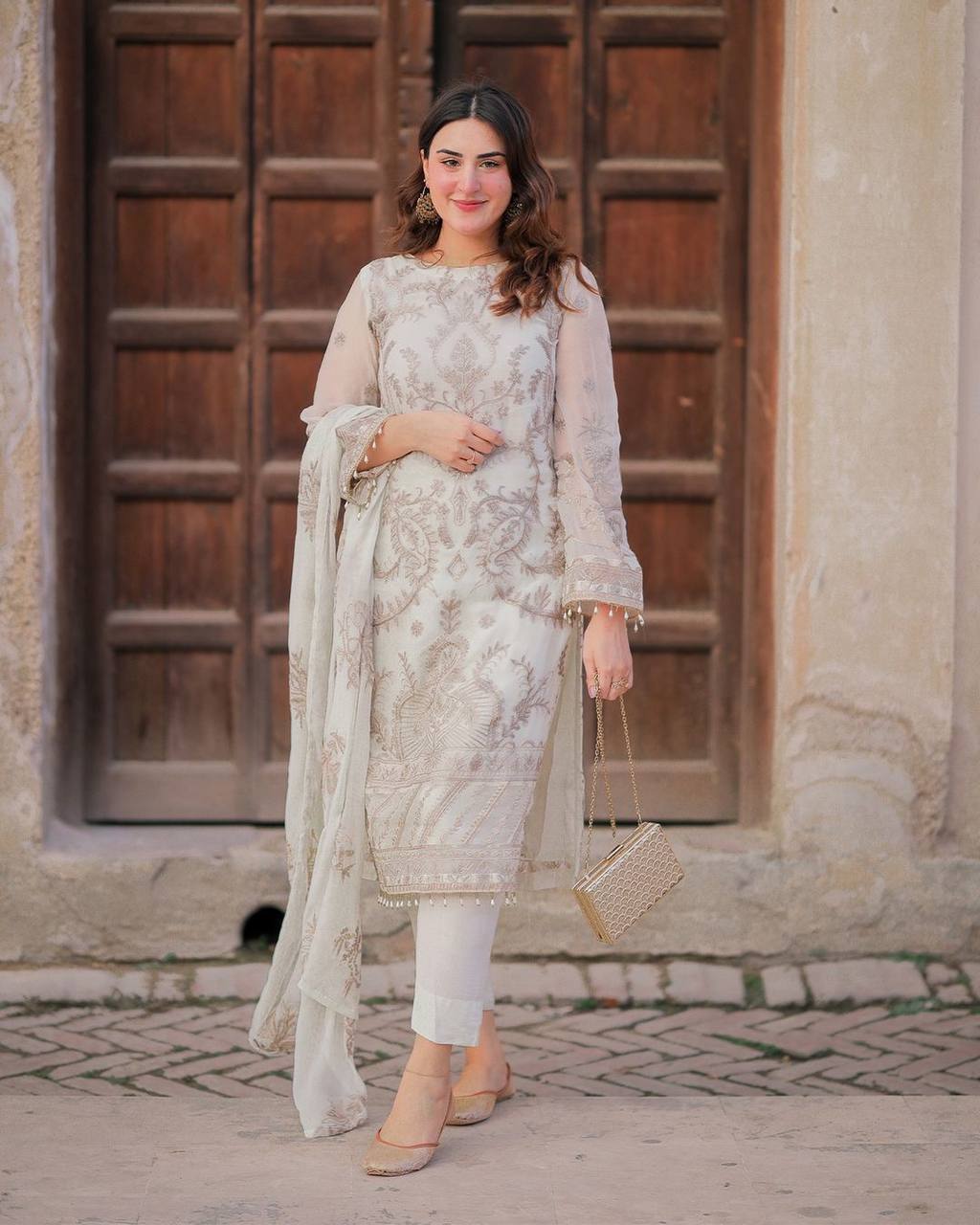 White Elegant Heavy Faux Georgette Embroidered Suit Set ClothsVilla Main image