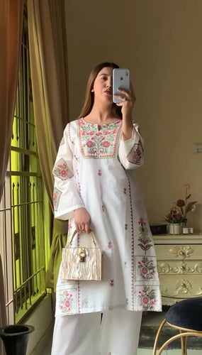 White Elegant Heavy Rayon Silk Embroidered Kurta Plazzo Set Clothsvilla