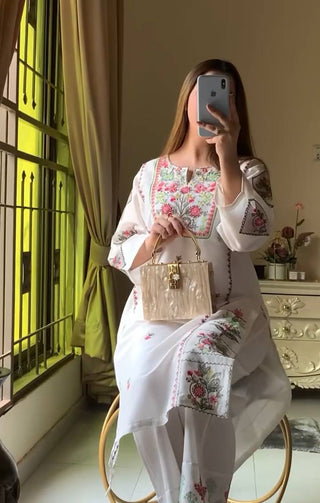 White Elegant Heavy Rayon Silk Embroidered Kurta Plazzo Set Clothsvilla