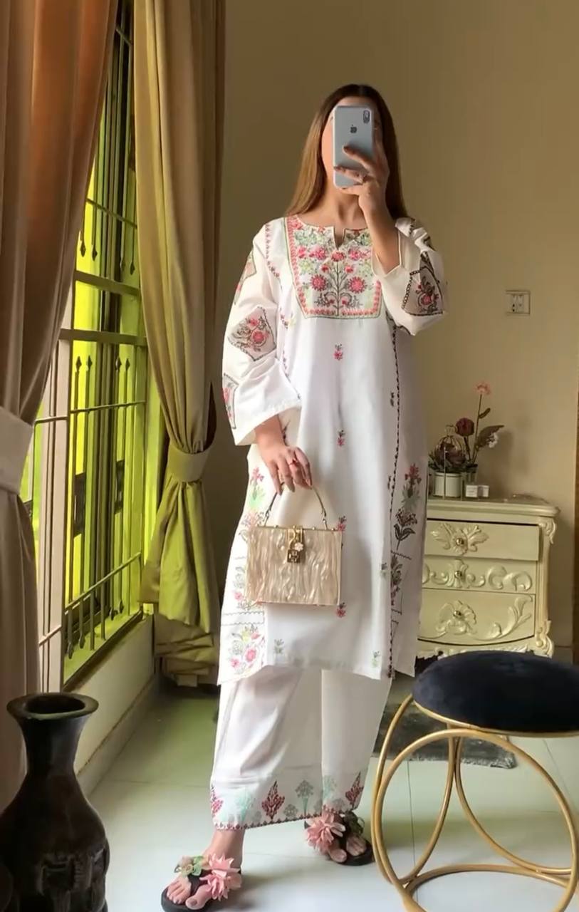 White Elegant Heavy Rayon Silk Embroidered Kurta Plazzo Set Clothsvilla