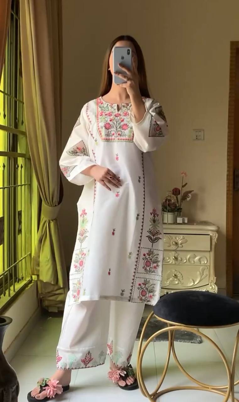 White Elegant Heavy Rayon Silk Embroidered Kurta Plazzo Set Clothsvilla