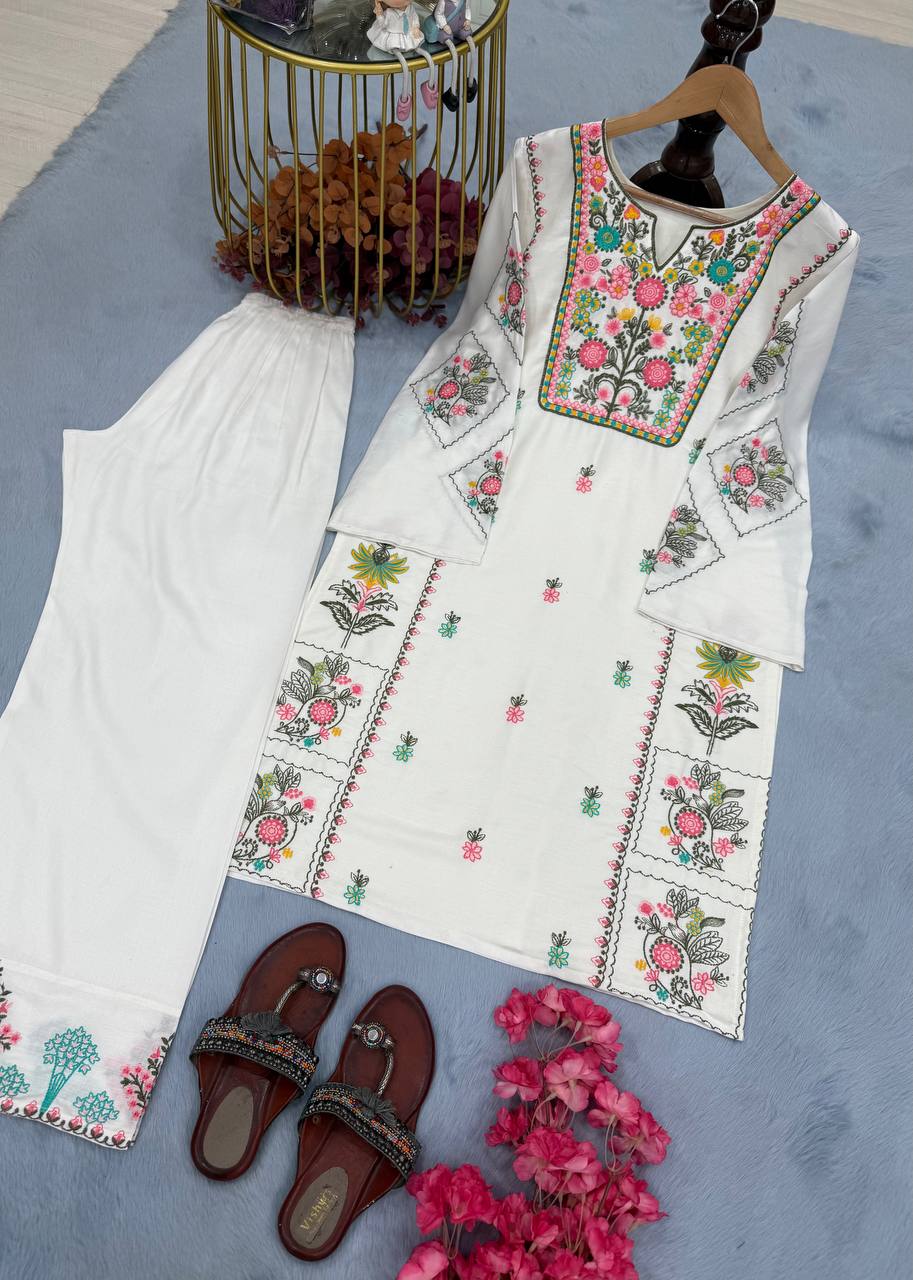 White Elegant Heavy Rayon Silk Embroidered Kurta Plazzo Set Clothsvilla