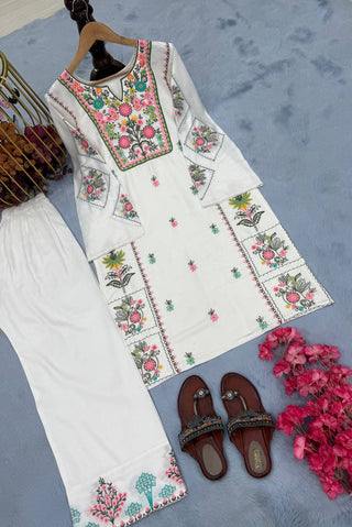 White Elegant Heavy Rayon Silk Embroidered Kurta Plazzo Set Clothsvilla