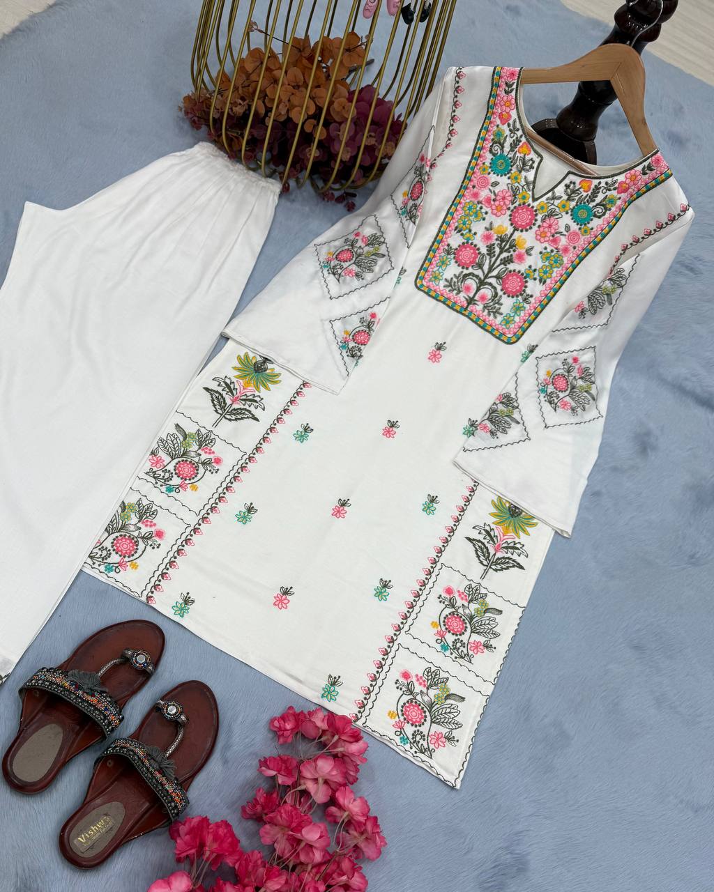 White Elegant Heavy Rayon Silk Embroidered Kurta Plazzo Set Clothsvilla