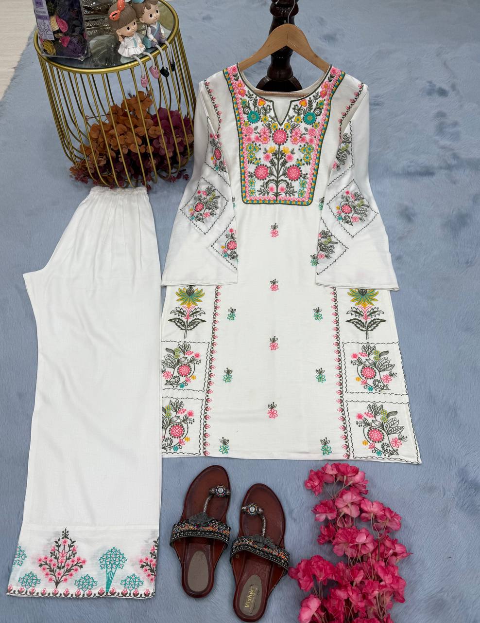White Elegant Heavy Rayon Silk Embroidered Kurta Plazzo Set Clothsvilla