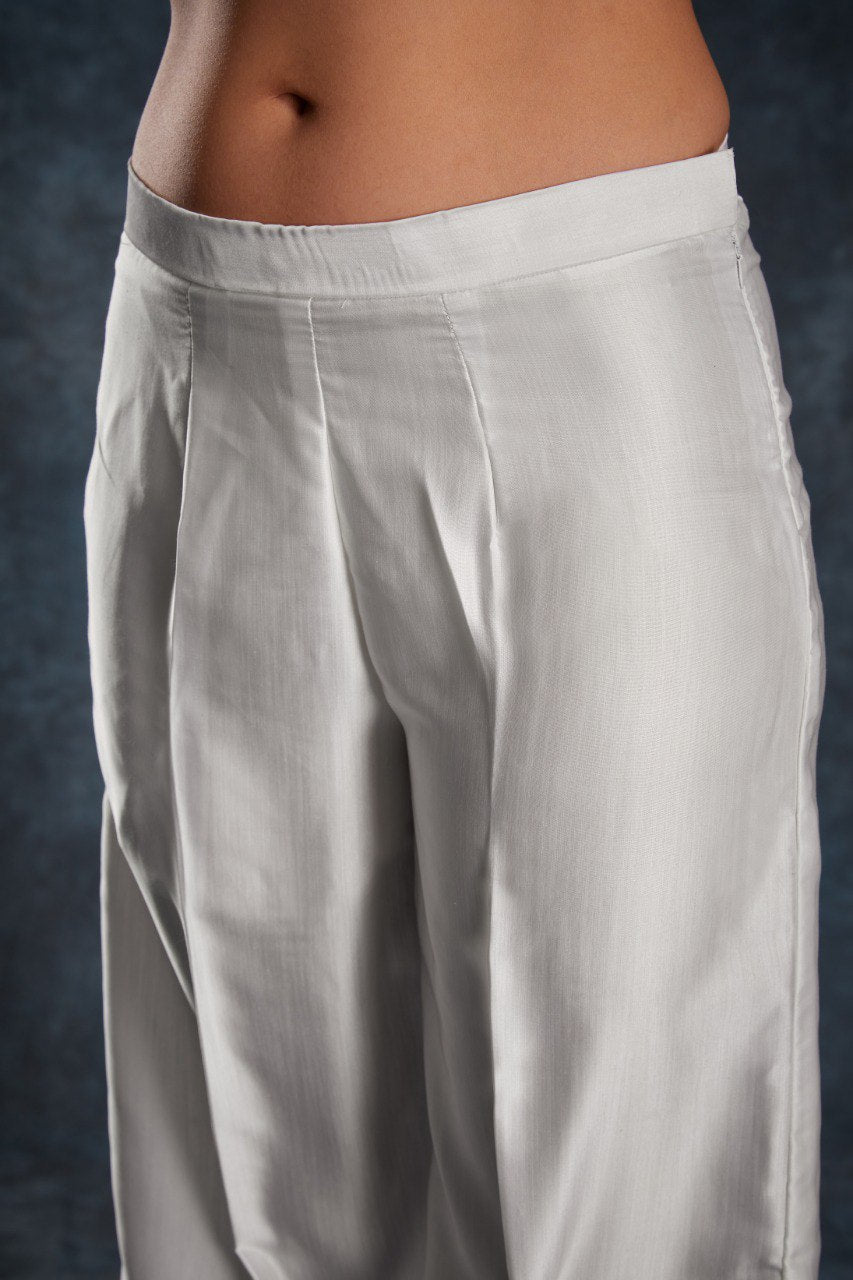 White Elegant Linen Satin Printed Co-Ord Set – Ready to Wear ClothsVilla