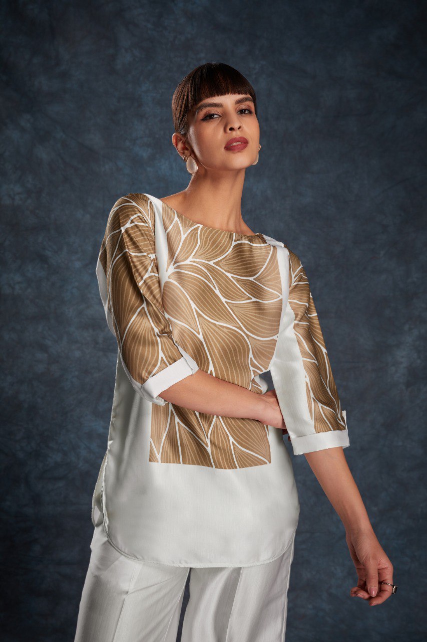 White Elegant Linen Satin Printed Co-Ord Set – Ready to Wear ClothsVilla