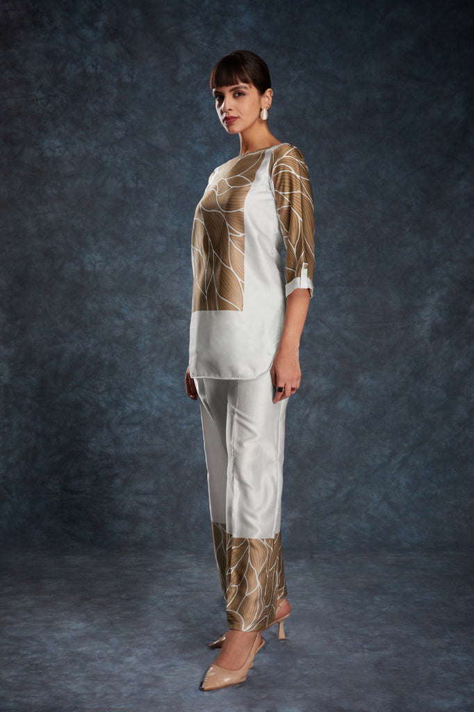 White Elegant Linen Satin Printed Co-Ord Set – Ready to Wear ClothsVilla
