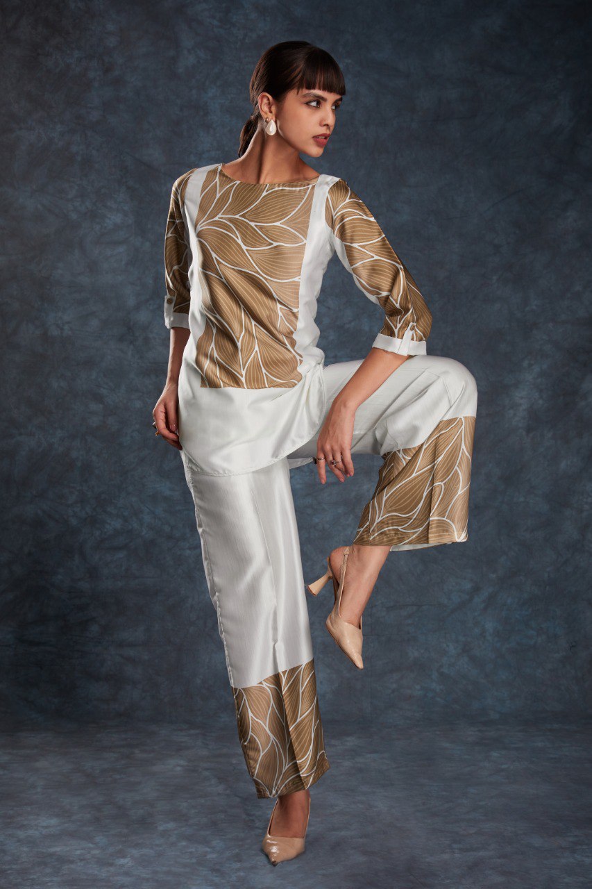 White Elegant Linen Satin Printed Co-Ord Set – Ready to Wear ClothsVilla