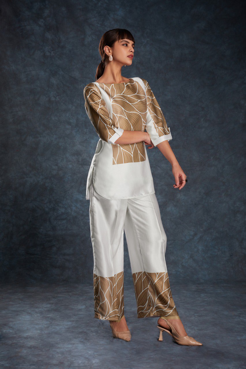 White Elegant Linen Satin Printed Co-Ord Set – Ready to Wear ClothsVilla
