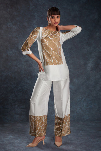 White Elegant Linen Satin Printed Co-Ord Set – Ready to Wear ClothsVilla
